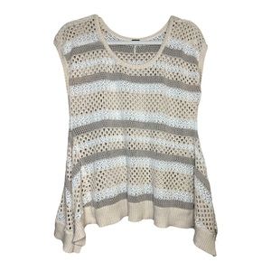 Free People Crochet Open Knit Striped Shark Bite Hem Top Size Small